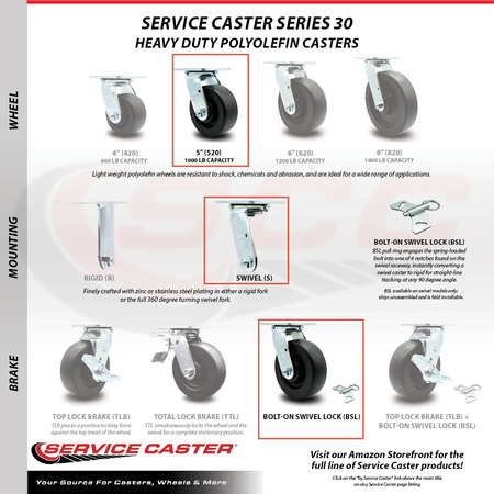 Service Caster 5 Inch Polyolefin Caster Set with Ball Bearings 4 Swivel Lock 2 Brake SCC SCC-30CS520-POB-TLB-BSL-2-BSL-2